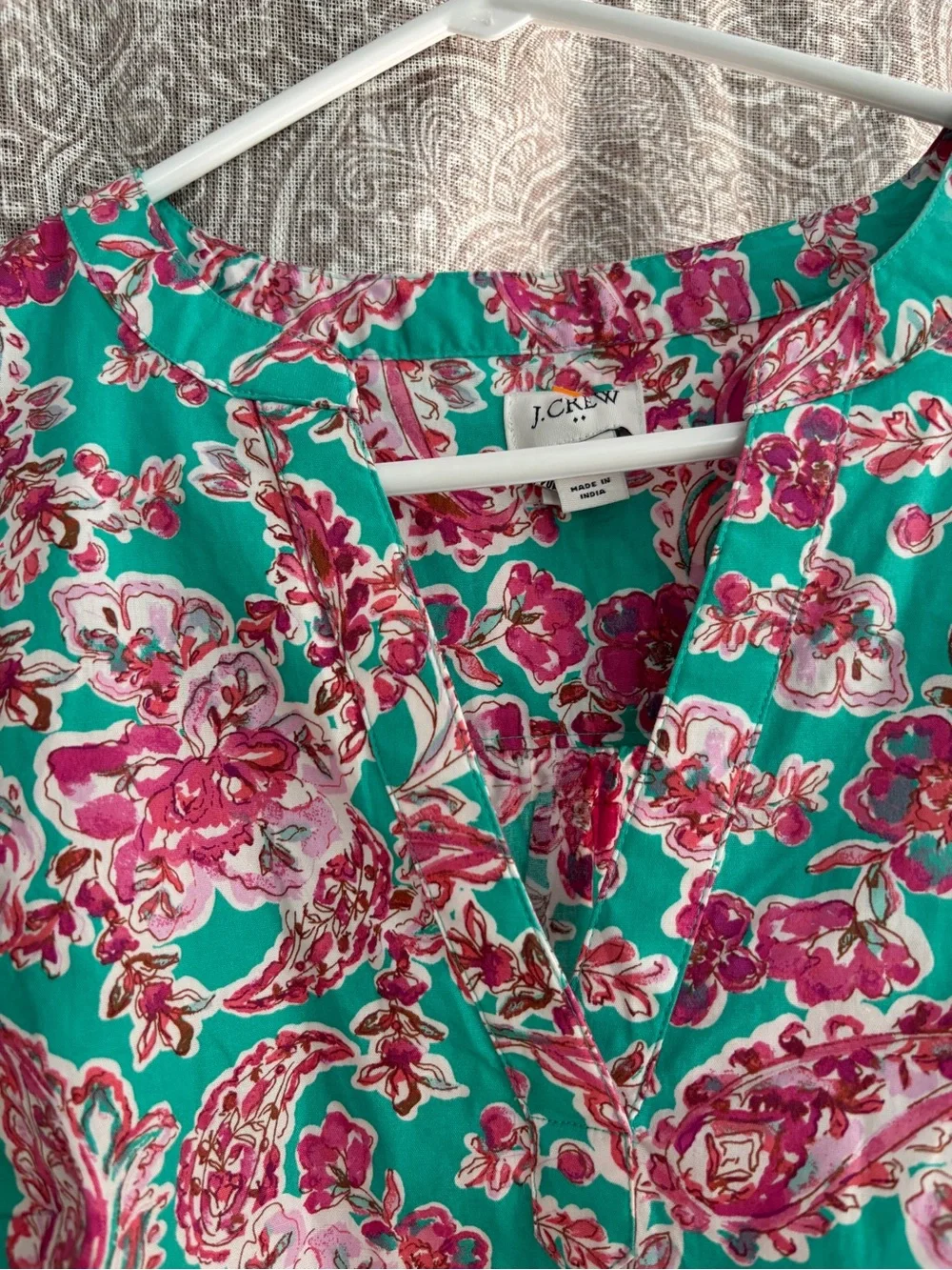 J. Crew Teal Short-Sleeve Blouse with Pink Floral Paisley Print